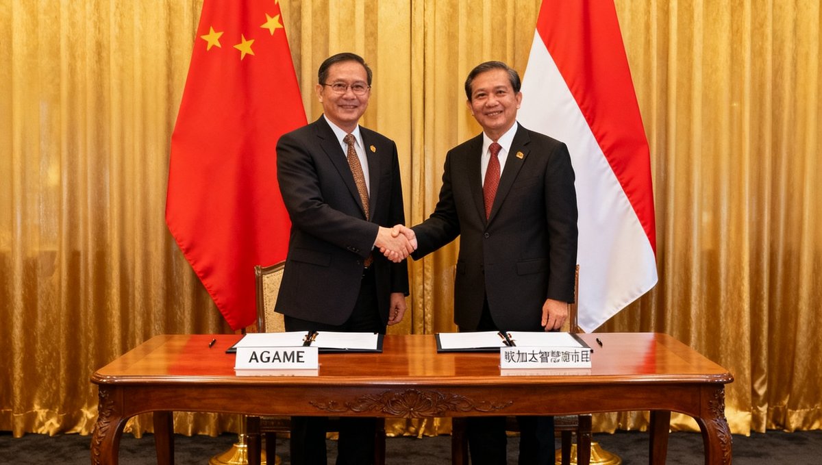 AGGAME与印尼雅加达智慧城市项目签约仪式，双方代表在长桌前握手，背景悬挂两国国旗，场面正式庄重